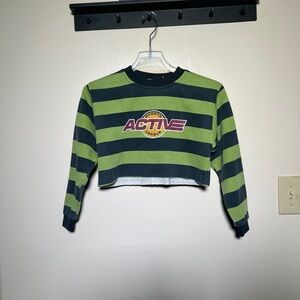 Green and Navy Striped Cropped Sweatshirt
